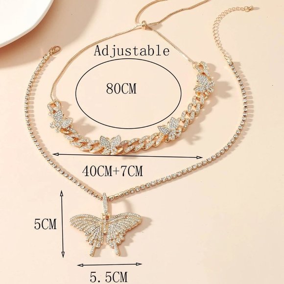2 Piece Boho Womens Rhinestone Butterfly Charm Necklace - Picture 4 of 4